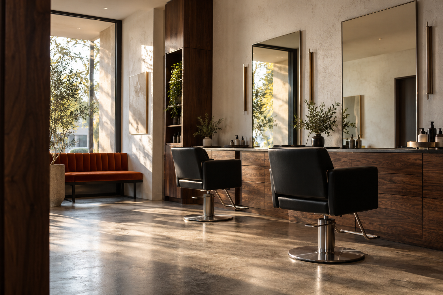 Concept image of a walnut-lined hair salon with black styling chairs and warm daylight